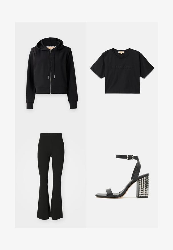 Black cropped hoodie made of soft fabric, featuring a front zipper, drawstring hood, and ribbed cuffs. Smooth texture with minimal detailing.; Black cropped t-shirt made of cotton. Features round neckline and short sleeves. "MICHAEL KORS" embroidered in matching color on the front.; Black flared pants made of stretch fabric, featuring a high waist and a smooth, unembellished surface. Simple and form-fitting design.; Black leather heeled sandals with an ankle strap. Features a square toe, smooth texture, and square block heel adorned with silver studs.