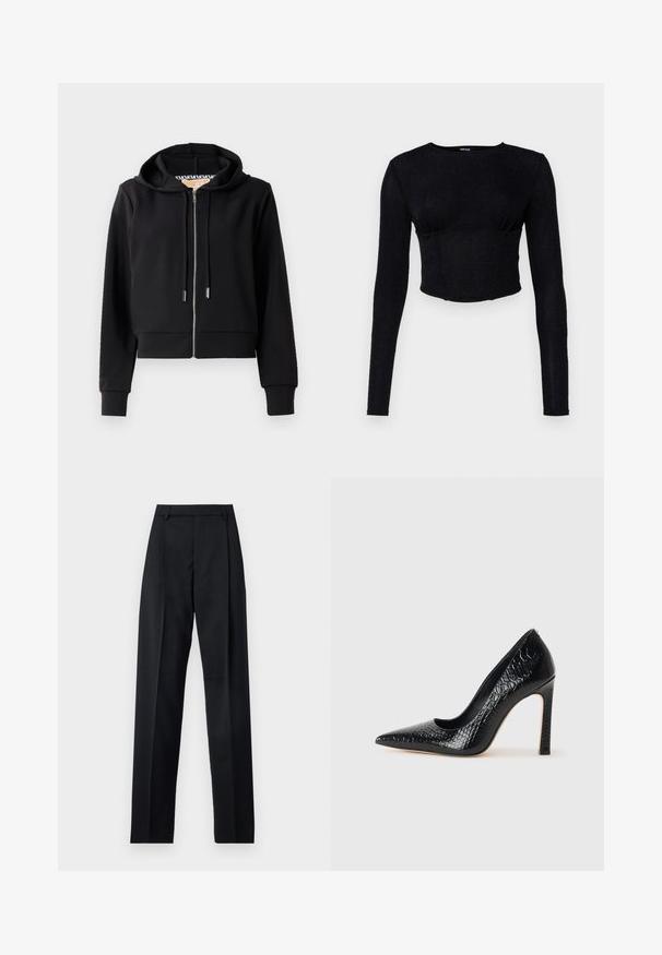 Schwarze cropped Kapuzenjacke aus weichem Stoff, mit einem Frontreißverschluss, Zugbandkapuze und gerippten Bündchen. Glatte Textur mit minimalen Details.; Schwarzes Langarm-Crop-Top aus strukturiertem Stoff, mit tailliertem Design und gerafften Details an der Brust.; Schwarze Hosen aus glattem Stoff mit hoher Taille, weitem Bein, vorderen Falten und klassischen Gürtelschlaufen. Keine sichtbaren Seitentaschen.; Schwarzer, spitz zulaufender High Heel mit Krokodilleder-Struktur, elegantem Design, hohem Stiletto-Absatz und glattem schwarzen Innenraum.