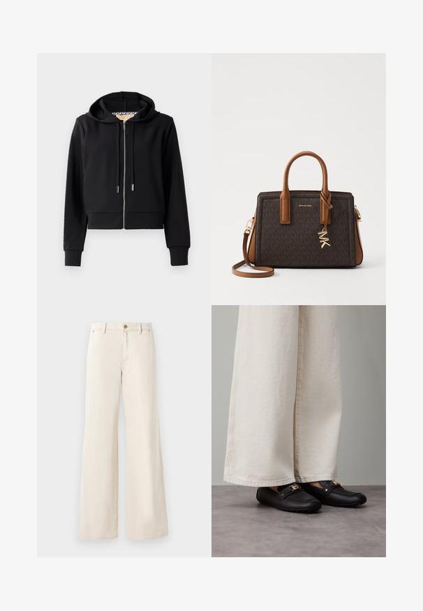 Sort cropped hoodie lavet af blødt stof, med en frontlynlås, snor i hætten og ribbede manchetter. Glat tekstur med minimal dekoration.; Hvid ærmeløs top lavet af glat stof, med en rund hals og subtile plisseringer på skuldrene, samt en buet kant.; Beige brede bukser lavet af bomuld med en glat tekstur. Har en knaplukning, forlommer og et klassisk taljedesign.; Sorte læderloafers med gyldent hardware-detalje, båret med brede, cremefarvede bukser, som viser en glat tekstur og en rund form.; MICHAEL Michael Kors LAILA SATCHEL - Håndtasker - brown