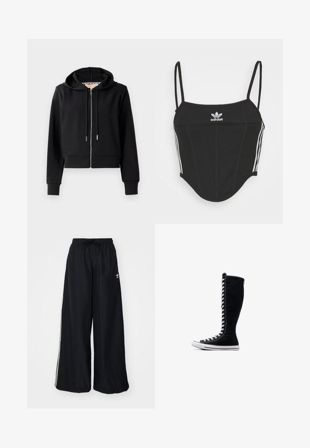 Juodas sutrumpintas džemperis iš minkštos medžiagos, su priekiu užtraukiama užtrauktuku, reguliuojama kapuce ir raštuotais rankogaliais. Sklandus paviršius su minimaliais detalėmis.; Juodas juostuotas trumpas viršus su reguliuojamomis plonomis petnešomis, puikuojantis trimis baltomis juostelėmis šonuose ir mažuoju balto Adidas logotipu centre.; Juodi plačios kojos keliai, pagaminti iš lengvos medžiagos. Yra elastinė juosmens juosta su raišteliu ir baltomis šoninėmis juostelėmis. Prekės ženklo logotipas ant klubų.; Juodos aukštos sportinės bateliai su aukštu dizainu, pagaminti iš kanvo. Su baltais raišteliais, siūlėmis ir guminėmis padais su pirštų kepurėle.