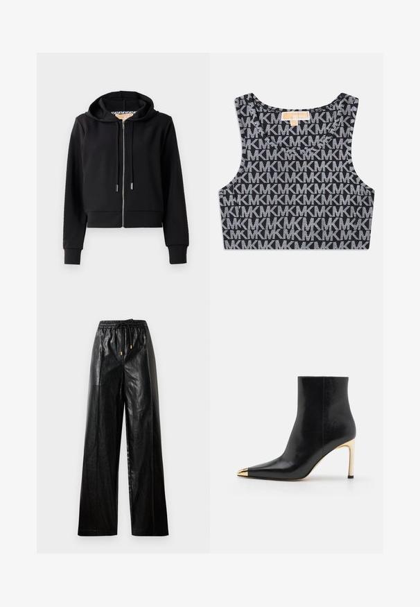 Schwarze cropped Kapuzenjacke aus weichem Stoff, mit einem Frontreißverschluss, Zugbandkapuze und gerippten Bündchen. Glatte Textur mit minimalen Details.; Schwarzes kurzes Tanktop mit einem wiederholten weißen MK-Logo-Muster, Rundhalsausschnitt und breiten Schulterträgern. Glatte Textur.; Schwarze Leder-Hosen mit weitem Beinschnitt, elastischem Taillenbund, Kordelzug und goldenen Hardware-Akzenten. Glatte Textur und lockerer Schnitt.; Schwarze Leder-Stiefelette mit spitzem Zehenbereich, goldfarbener metallischer Kappe und schlankem hohen Absatz. Glatte Textur mit minimalistischem Design.