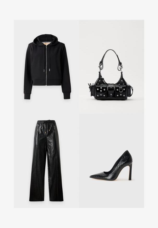 Schwarze cropped Kapuzenjacke aus weichem Stoff, mit einem Frontreißverschluss, Zugbandkapuze und gerippten Bündchen. Glatte Textur mit minimalen Details.; Schwarzes kurzes Tanktop mit einem wiederholten weißen MK-Logo-Muster, Rundhalsausschnitt und breiten Schulterträgern. Glatte Textur.; Schwarze Leder-Hosen mit weitem Beinschnitt, elastischem Taillenbund, Kordelzug und goldenen Hardware-Akzenten. Glatte Textur und lockerer Schnitt.; Schwarzer, spitz zulaufender High Heel mit Krokodilleder-Struktur, elegantem Design, hohem Stiletto-Absatz und glattem schwarzen Innenraum.; Schwarze Lederhandtasche mit einem geschwungenen Design, verziert mit silbernen Nieten, einer Schnalle und zwei seitlichen Taschen. Verstellbarer Träger für verschiedene Tragemöglichkeiten.