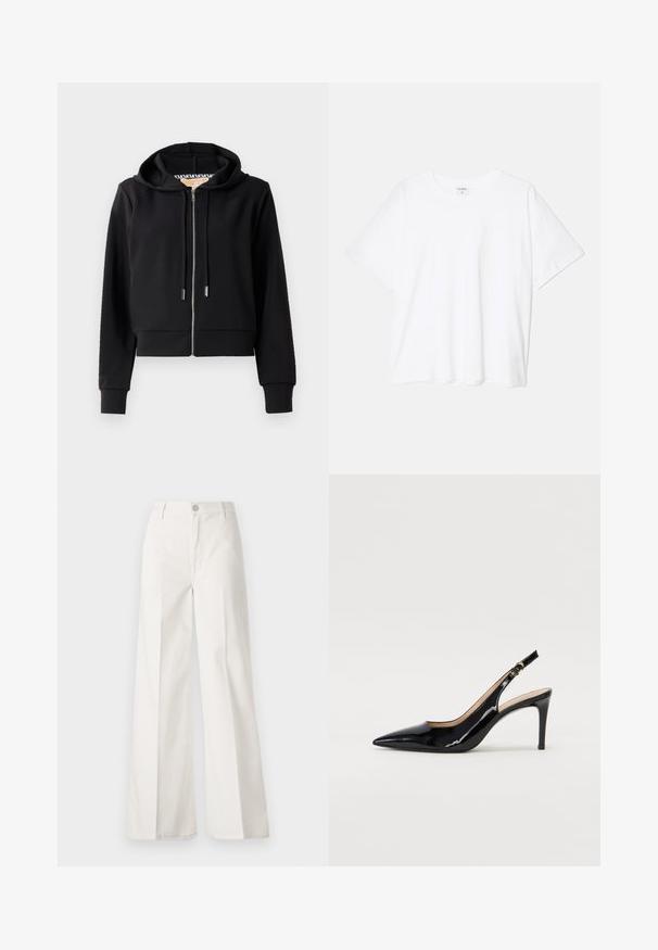 Μαύρο cropped hoodie φτιαγμένο από μαλακό ύφασμα, που διαθέτει μπροστινό φερμουάρ, κουκούλα με κορδόνι και ραμμένα μανίκια. Λείος υφή με ελάχιστες λεπτομέρειες.; Λευκό βαμβακερό μπλουζάκι με κοντά μανίκια, στρογγυλή λαιμόκοψή, χαλαρή εφαρμογή και ραμμένο στρίφωμα. Ετικέτα ορατή στο εσωτερικό του λαιμού.; Λευκά παντελόνια σε φαρδιά γραμμή, κατασκευασμένα από βαμβάκι με λεία υφή. Διαθέτουν μπροστινό κουμπί, φερμουάρ και τέσσερις τσέπες.; Μαύρη πατέν κλίνγκμπακ άντρες με μυτερή μύτη, λεπτό τακούνι και διακριτικό σχέδιο κοψίματος. Διαθέτει χρυσό κούμπωμα στη λωρίδα.