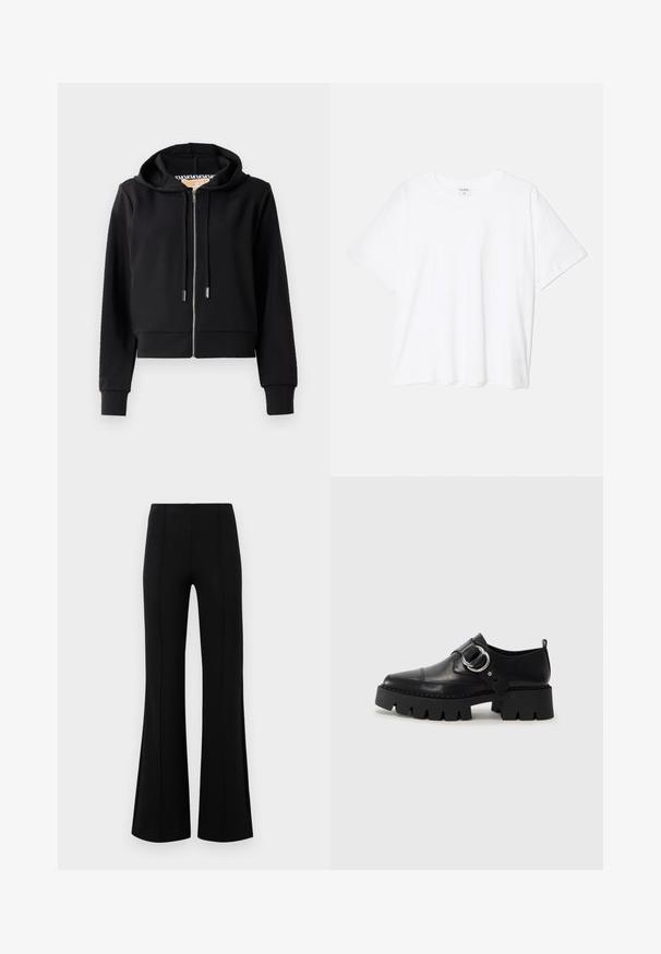 Hanorac scurt, negru, realizat dintr-un material moale, cu fermoar frontal, glugă cu șnur și manșete ribotate. Textură fină cu detalii minime.; Tricou alb din bumbac, cu mâneci scurte, guler rotund, croi lejer și tiv cusut. Eticheta este vizibilă pe interiorul gulerului.; Pantaloni negri evazați, cu talie înaltă, fabricați dintr-un material elastic. Prezintă detalii cu cusături verticale în față și o textură netedă.; Pantofi din piele neagră cu o talpă groasă, nervurată, având un accent circular din metalargintiu și un detaliu minim de cusătură.