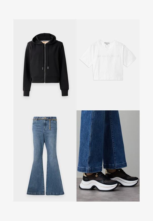 Mustaprofili huppari, joka on valmistettu pehmeästä kankaasta. Siinä on edessä vetoketju, nyörihuppu ja ribbauskäänteet. Suora pinta ja vähäiset yksityiskohdat.; Valkoinen lyhytcropattu T-paita, joka on valmistettu puuvillasta. Sen hihoissa on lyhyet hihat ja edessä on "MICHAEL KORS" -logo samanvärisesti brodeeratuna.; Farkut siniset leveälahkeiset keskipestyt denim, joissa on kultaketju yksityiskohtana vyötäröllä ja normaali viiden taskun muotoilu.; Mustat ja kultaiset tennarit, joissa on kaareva valkoinen pohja. Teksturoitu kangas, jossa on logokoristeita. Yhdistetty leveisiin sinisiin farkkuihin.