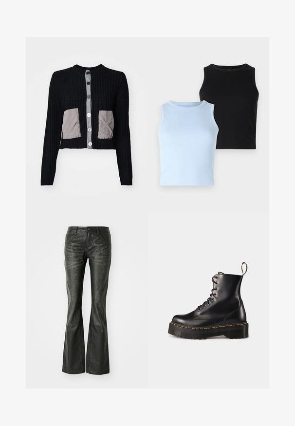 Juodas trumpas kardiganas su raukšlėta tekstūra, pilkos spalvos audinio pleistrai ir dideli balti mygtukai priekyje. Apvalus iškirpimas ir ilgomis rankovėmis.; Duos bežinių marškinėlių: vieni šviesiai mėlyni, kiti juodi. Abu yra su raukinėta medžiaga ir apvaliu iškirpimu. Dizainas prisitaikantis, be matomų raštų ar akcentų.; Juodos dirbtinės odos flared džinsai su priekinėmis kišenėmis, metaliniu mygtuko uždarymu ir šiek tiek tekstūruota paviršių. Tiesūs džinsai su ilgu kirpimu.; Juodi odiniai auliniai batai su raišteliais, turintys masyvų juodą pado ir geltoną siūlą. Su nugarinėmis kilpomis ir apvaliais metaliniais akių laikikliais.