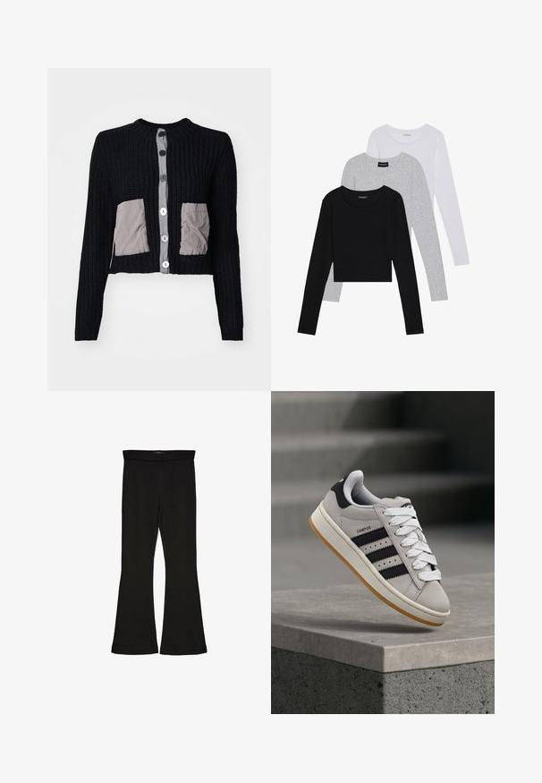 Svart kort cardigan med ribbat mönster, grå tyglappar och stora vita knappar fram. Rund halsringning och långa ärmar.; Tre långärmade tröjor staplade: svart, grå och vit. Var och en har en rund halsringning och en kort design med mjukt, lätt material.; Svarta flare leggings tillverkade av elastisk tyg. Har en bred midja och en slät yta, med en åtsittande silhuett som flares vid fållen.; Grå Adidas Campus-sneaker med svarta ränder och vita skosnören som svävar ovanför en betongkant med trappor i bakgrunden.