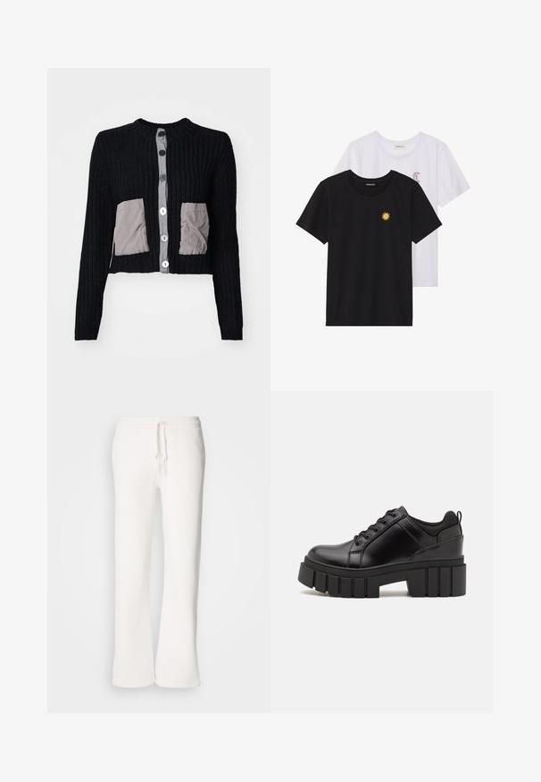 Svart kort cardigan med ribbat mönster, grå tyglappar och stora vita knappar fram. Rund halsringning och långa ärmar.; Svart och vit T-shirt, rund hals, korta ärmar. Den svarta skjortan har gul solbroderi; den vita har lila halvmåneaccent.; Vita, avslappnade sweatpants i mjukt material, med elastisk midja och dragsko samt raka ben.; Svarta läderplattformsskor med en kraftig blockklack, rund tå och traditionell snörningsdesign. Har en slät textur och minimal detaljering.