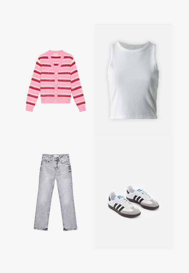 Ružový pruhovaný sveter s širokými horizontálnymi pruhmi v červenej, bielej a ružovej farbe. Má výstrih do V, päť svetlých gombíkov a rebrované manžety.; Biely rebrovaný top bez rukávov s okrúhlym výstrihom, so strapatým lemom a hladkou, elastickou textúrou.; Šedé džínsy s rovnými nohavicami, s opotrebovaním, piatimi vreckami a meďou pokovovanými nitmi. Pás má štítok s logom.; Športové topánky s bielym koženým zvrškom, šedou semišovou špičkou a tromi čiernymi pruhmi. Obsahujú modré logo na jazyku a štruktúrovanú gumovú podrážku.