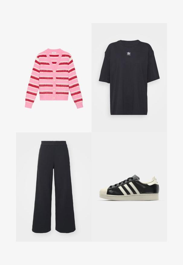 Roza prugasta jopica s širokimi horizontalnimi črtami v rdeči, beli in roza barvi. Ima V-izrez, pet svetlih gumbov in rebrovane manšete.; Črna bombažna majica s kratkimi rokavi in okroglo ovratnikom, ki na prsih prikazuje bele Adidasove logotip. Enostaven dizajn, sproščen kroj.; Črne široke trenirke iz mehkega blaga, z elastičnim pasom in majhnim logotipom na levi strani.; Črne usnjene superge z belimi črtami, gumijastim pokrovom za prste, črnimi vezalkami in kremasto obrobo podplata. Gladka tekstura z sijočim zaključkom.