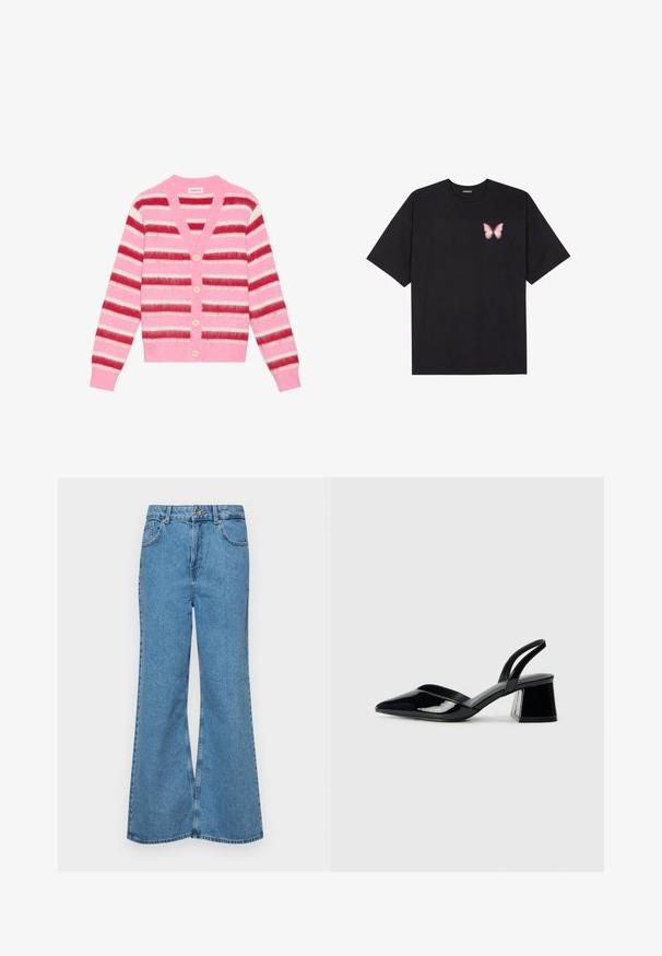 Rosa randig kofta med breda horisontella ränder i röd, vit och rosa. Har en V-ringning, fem ljusa knappar och ribbade muddar.; Svart bomullströja med korta ärmar, med en liten rosa fjärilsgrafik på vänster bröst. Rundad halsdesign med en avslappnad passform.; Ljust blå vida jeans i denim, med hög midja, fem fickor och en enda knappstängning. Mjuk textur med blekt finish.; Svarta lackläder slingback klackar med spetsig tå och geometrisk klack. Har en elegant, minimalistisk design och slät yta.