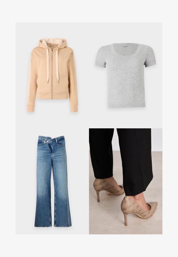 Beige zip-up sweatshirt med känguruficka, dragsko på huvan och mönstrade detaljer på ärmarna. Tillverkad av mjukt, texturerat tyg.; Grå kortärmad T-shirt med rund halsringning, tillverkad av mjukt, texturerat tyg. Har en standard passform och enkla sömnadsdetaljer.; Ljust blå denim jeans med utsvängda ben och hög midja, med två knappar och framfickor. Tyget har en blekt textur med subtila variationer.; Beige högklackade skor med en strukturerad tyg som har ett upprepande mönster. Spetsig tån design med bakakcent och detaljer i guld på klacken.
