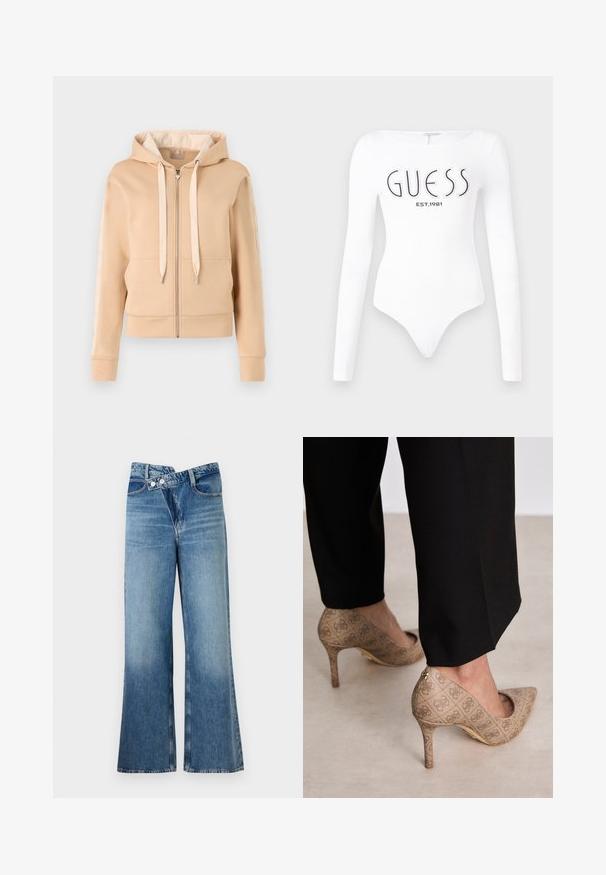 Beige zip-up hette med kengurulomme, snøring i hetta og mønstrede detaljer på ermene. Laget av myk, teksturert stoff.; Hvit langermet bodysuit med rund halslinning. Har "GUESS"-logo og "EST.1981" trykt i svart på forsiden. Glatt tekstur.; Lyseblå denim flared jeans med høy midje, med to knapper og frontlommer. Stoffet har en falmet tekstur med subtile variasjoner.; Beige høyhælte sko med teksturert stoff som har et gjentatt mønster. Spiss tådesign med bakdetalj og gullhelsjekk.