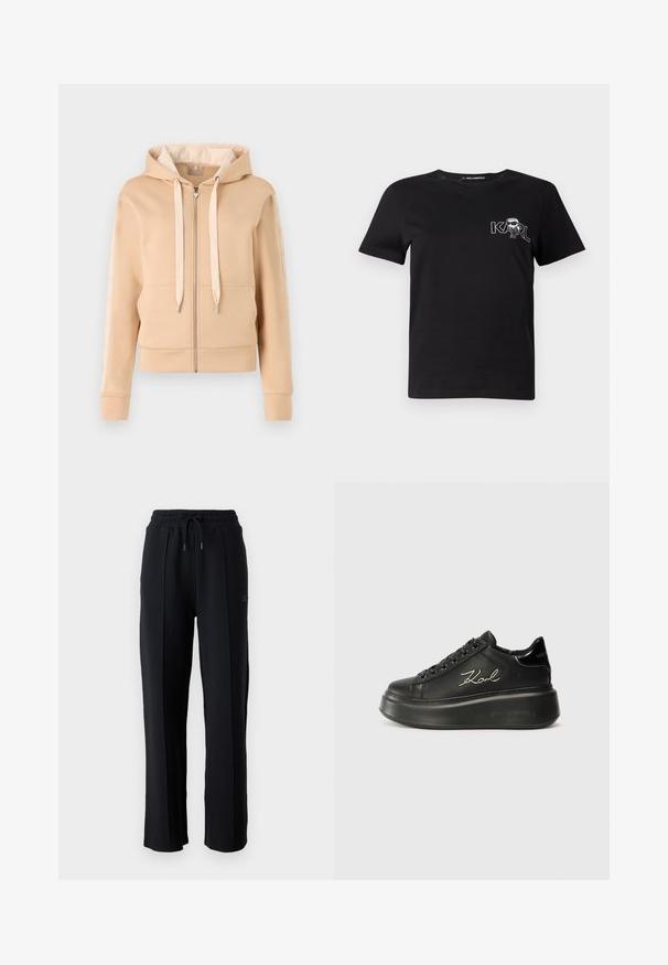 Sudadera con cremallera en beige, con bolsillo canguro, capucha con cordón y detalles estampados en las mangas. Fabricada en un tejido suave y texturizado.; Camiseta de algodón de manga corta en color negro. Cuenta con un gráfico blanco que presenta el texto "KARL" y una figura estilizada en el pecho. Cuello redondo.; Pantalones de chándal negros con un corte relajado, cinturilla elástica, cordón ajustable y costuras verticales a lo largo de las piernas. Textura de tela suave.; Zapatillas de plataforma negras con parte superior de cuero suave, cordones planos y logo bordado "Karl" en el lateral. Punta redondeada y suela gruesa.