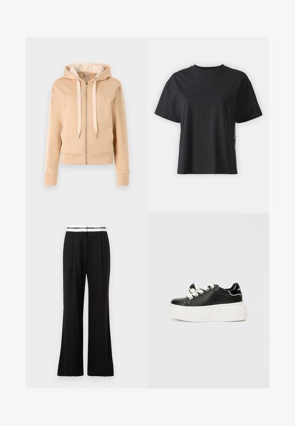 Beež zip-up kapuutsiga sviiter, millel on känguru tasku, reguleeritav kapuuts ja mustriga aksessuaarid varrukatel. Valmistatud pehmest, tekstureeritud kangast.; Must have lühikeste varrukatega puuvillane must T-särk, millel on lõdvestunud lõige ja kontrastne külgpanel, mis sisaldab väikest teksti ja kujunduselemente.; Mustad püksid, millel on mugav lõige, valge elastse vöökohtaga, millel on kaubamärgi logo. Valmistatud siledast kangast, millel on kerge läige.; Must must kõndida mustade nahast sneakeritega, millel on paks valge ribik, valged kingapaelad ning kaunistav lipsu aktsent keele peal.