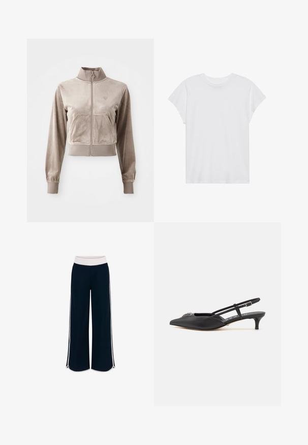 Cropped beige zip-up jacket made of soft, velvety material with a high collar, front pockets, and elastic cuffs. Features small logo detail.; White short-sleeve t-shirt with a round neck, relaxed fit, made of soft cotton fabric. Smooth texture, no patterns or logos.; Navy wide-leg pants with a white elastic waistband and contrasting side stripes. Smooth texture with a relaxed fit and side slits at the hem.; Black slingback shoes with a pointed toe, made of smooth material, featuring a small heel and a decorative silver accent on the vamp.