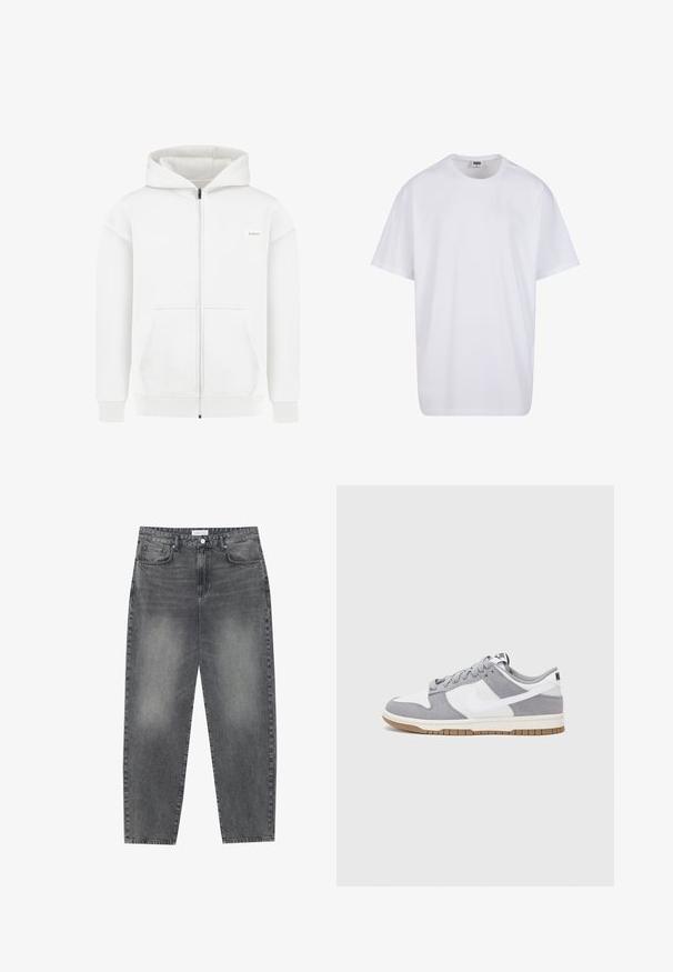 Sudadera blanca con cremallera, con bolsillos frontales, puños acanalados y dobladillo, y una pequeña etiqueta rectangular de la marca en el lado izquierdo del pecho.; Camiseta blanca de algodón con mangas cortas, cuello redondo, corte relajado y sin logotipos ni patrones visibles. Textura suave y diseño minimalista.; Jeans de cintura alta y corte holgado en denim negro desgastado. Con cinco bolsillos, pasadores para el cinturón y un diseño de pierna recta y limpia.; Zapatilla gris y blanca con parte superior de ante y cuero, puntera redondeada, cordones planos y suela de goma con un acento de goma.