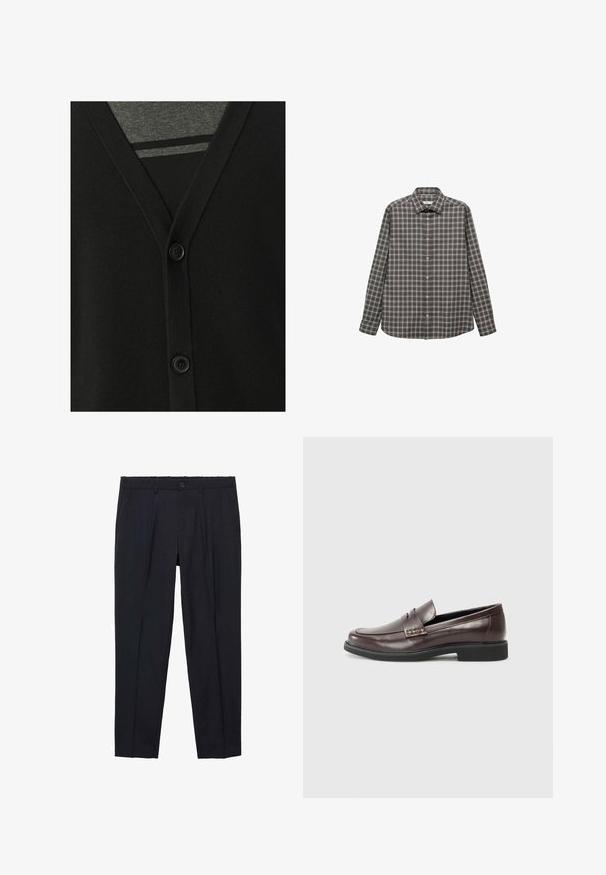 Zwarte cardigan met een v-hals, knoopsluiting en zachte brei-textuur. Gelaagd over een grijze shirt, met een gestreept patroon eronder.; Donker geruite overhemd met lange mouwen, button-down kraag en voorknopsluiting. Heeft een geblokt patroon in grijze en zwarte tinten.; Zwarte broek met een rechte pijp, gladde stof, riemlussen, knoopsluiting en voorzakken. Geen zichtbare patronen of accenten.; Bruine leren loafers met een gladde afwerking, voorzien van een subtiele gestikte detail op de bovenkant en een zwarte rubberen zool.