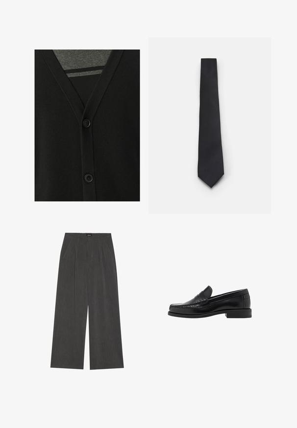 Zwarte cardigan met een v-hals, knoopsluiting en zachte brei-textuur. Gelaagd over een grijze shirt, met een gestreept patroon eronder.; Witte overhemd met lange mouwen van soepel katoen, met een klassieke kraag en een subtiele glans. Vijf knopen aan de voorkant.; Wijde broek in donkergrijs stof, met een geplooide voorkant, twee zijzakken en een vlakke tailleband. Glad oppervlak en gepaste ontwerpelementen.; Zwarte leren instappers met een gladde afwerking, gestikte details op de neus en een lage hakontwerp voor comfort en stijl.; Smalle zwarte stropdas met een gestructureerd, diagonaal ribbelpatroon. Beschikt over een spitse punt en een gladde afwerking. Geschikt voor formele kleding.