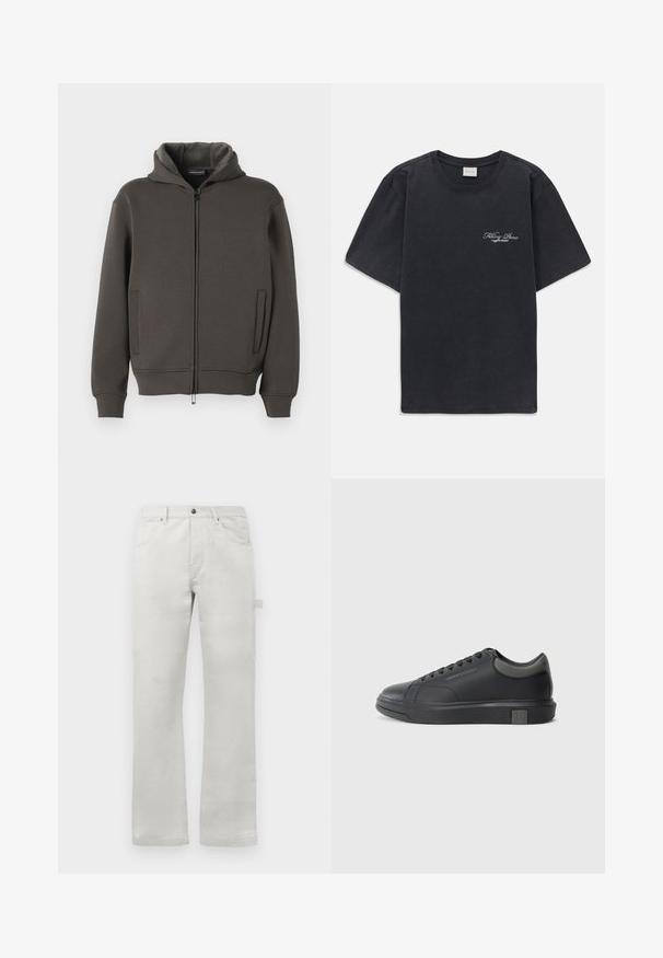 Tumši pelēkā kapuce, izgatavota no mīkstas auduma. Aprīkota ar pilna garuma rāvējslēdzēju, divām priekšējām kabatām un ribotām piedurknēm un apakšmalu.; Melna īsās piedurknes T-kreklā ar mazu balto "Filling Pieces" tekstu logotipu uz kreisā krūšu.; Gaiši pelēkas bikses ar taisnu piegriezumu, izgatavotas no gludas kokvilnas auduma, ar priekšējām kabatām un sānu cargo kabatu.; Melna ādas sporta apavi ar gludu apdari, noapaļotu purngali un tumši pelēkiem akcentiem. Aprīkoti ar šņorēšanas dizainu un strukturētu gumijas zoli.