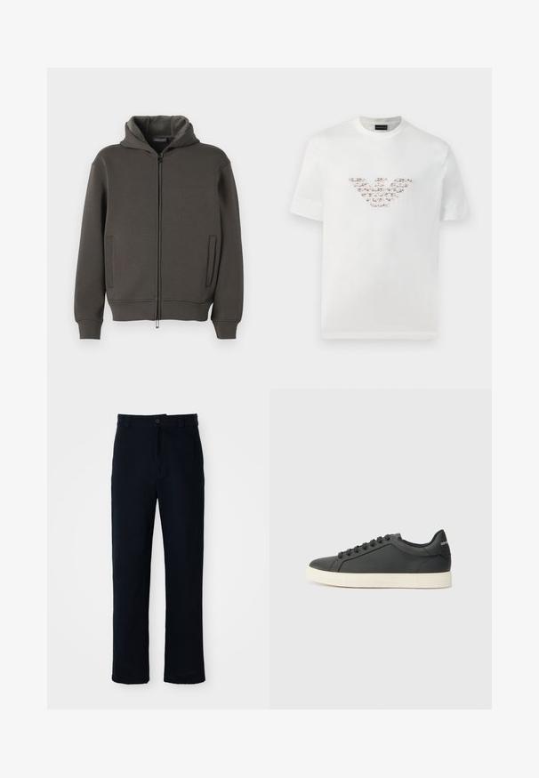 Tamsiai pilkas gobtuvėlis, pagamintas iš švelnios medžiagos. Yra visiškai užtrauktukas, dvi priekinės kišenės ir guma rankogaliuose bei apatinėje dalyje.; Balta medvilninė marškinė su trumpomis rankovėmis ir apvaliu iškirpimu. Savybėje yra centrinis logotipo dizainas rožių ir rudos spalvos atspalviuose.; Tamsiai mėlynos medvilninės kelnės, turinčios tiesioginį kirpimą, priekyje užsegamos mygtuku ir klasikine juosta su dirželio kilpom.; Juodos odinės sportinės bateliai su žemu profiliu, apvaliu pirštu ir raištelių uždarymu; turi tekstūruotą guminį padą ir logotipo detalę ant kulno.