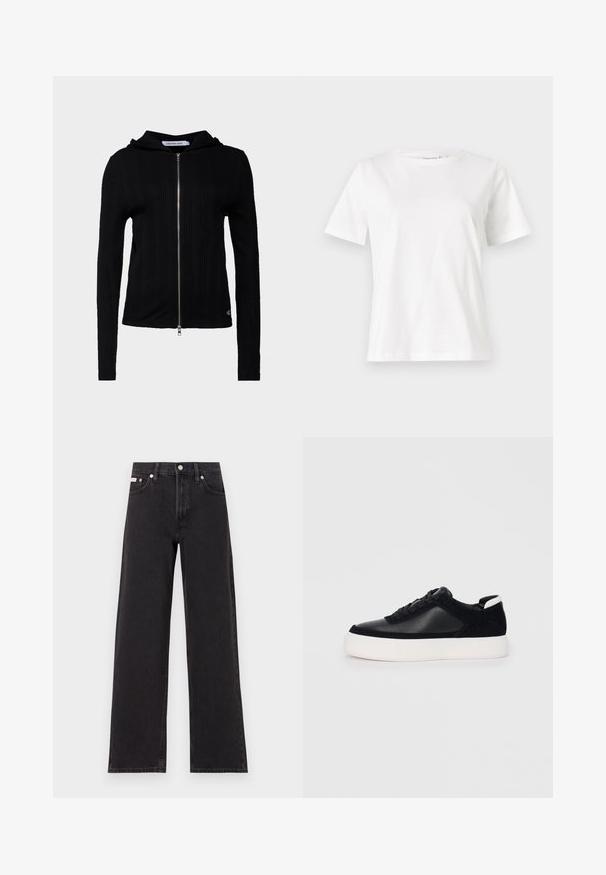 Fekete cipzáras kapucnis pulóver bordás anyagból, hosszú ujjal. A kapucni és a minimalista márkajelzés a alsó szegélyen jellemzi. Simá szövet.; Fehér pamut póló rövid ujjakkal, kerek nyakkivágással és laza szabással. Sima textúra, nincsenek minták vagy díszítések, minimalista dizájn.; Fekete, bőszárú farmernadrág, magas derekú, öt zsebes kialakítással és fém gombos záródással, kontrasztos varrással.; Fekete sportcipő sima bőrből és velúr panelekkel, lapos fűzőkkel, kerek orral és fehér gumi talppal. Megkülönböztető logó a sarkán.