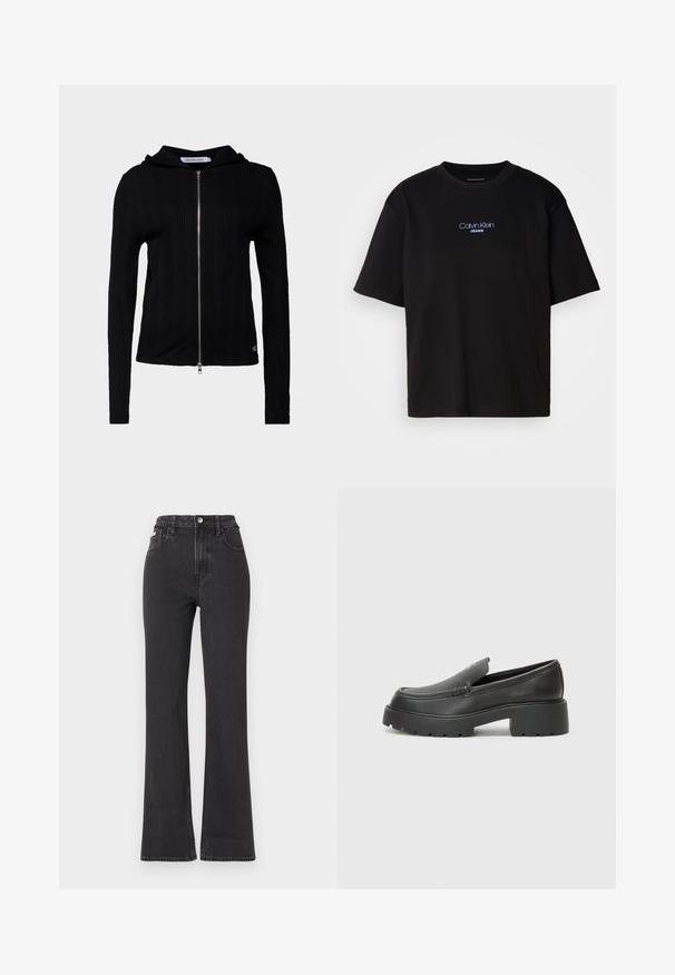 Black zip-up hoodie made of ribbed fabric with long sleeves. Features a hood and minimal branding on the lower hem. Smooth texture.; Black cotton t-shirt with a round neck, short sleeves, and blue embroidered "Calvin Klein JEANS" logo on the front.; Black high-waisted flared jeans made of denim, featuring a button closure, belt loops, and side pockets. Smooth texture with minimal fading.; Black leather loafers with a rounded toe, thick textured sole, and minimal stitching details. Sleek design with no visible laces or hardware.