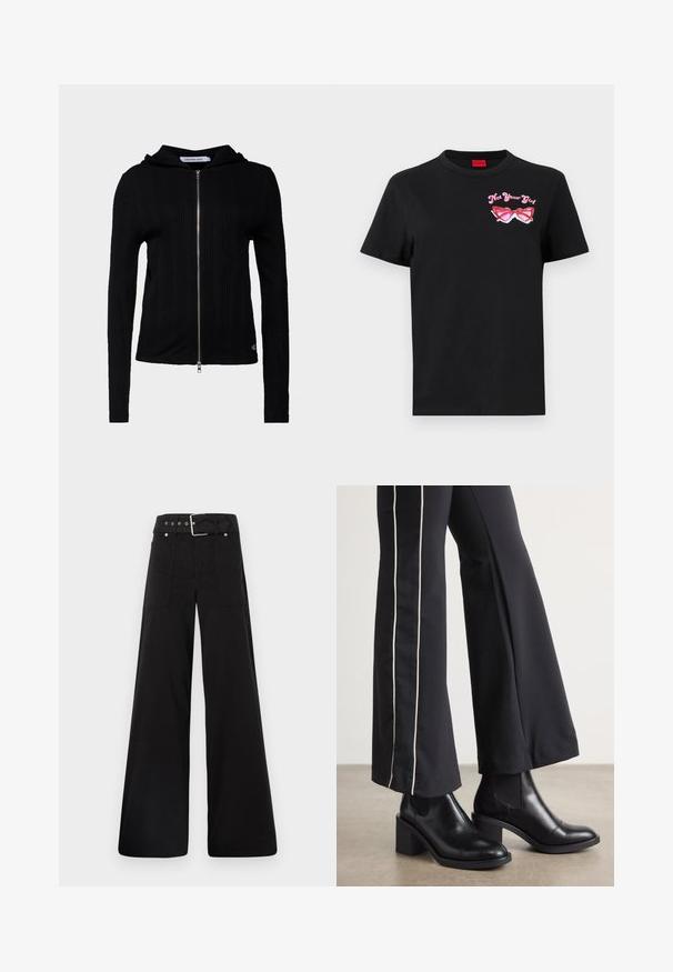 Juodas zip-up džemperis, pagamintas iš griovelio audinio, su ilgomis rankovėmis. Yra kapšas ir minimalus prekės ženklas apatinėje briaunoje. Lygus paviršius.; Juodas medvilnės marškinėliai su trumpomis rankovėmis, kuriuose kairėje krūtinės pusėje pavaizduoti rožiniai akinių grafiką ir tekstas "Ne tavo mergina".; Juodos plačios kojų kelnės, pagamintos iš medvilnės, su aukšta liemene, didelėmis šoninėmis kišenėmis ir diržu, papuoštu sidabriniais akcentais.; Juodi odiniai auliniai batai su plataus bloko kulnu, turintys elastines šonines dalis. Sukomplektuoti su juodomis kelnėmis, turinčiomis baltą šoninės juostą.