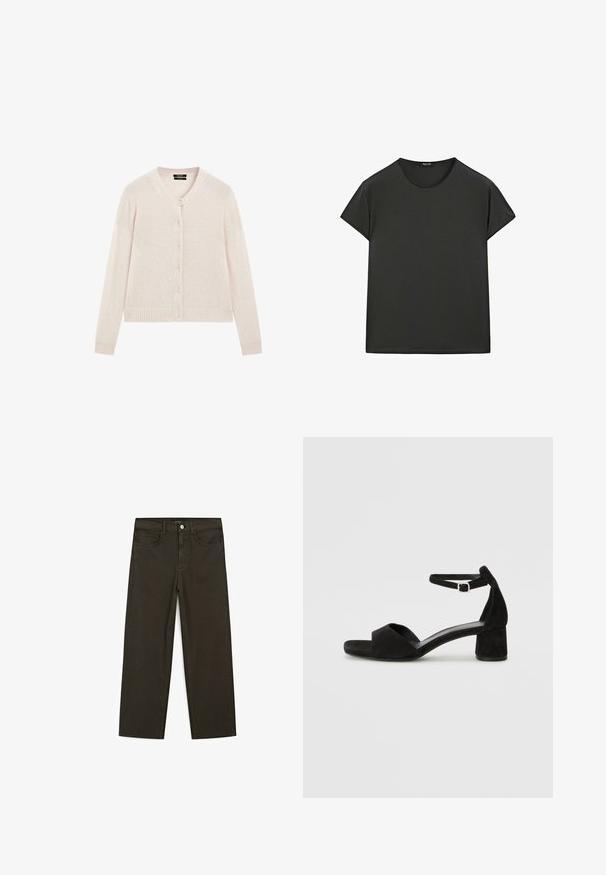 Hellbeige gestrickte Strickjacke mit langen Ärmeln, V-Ausschnitt, gerippten Bündchen und Saum sowie vorderem Knopfverschluss.; Schwarzes T-Shirt mit kurzen Ärmeln aus weichem Stoff, mit Rundhalsausschnitt und lockerer Passform, in klaren, einfachen Linien und ohne Muster.; Dunkelgrüne Jeans im weit geschnittenen Style, hergestellt aus einem Baumwollgemisch. Sie verfügen über einen Frontknopfverschluss, fünf Taschen und klassische Denim-Nähte.; Schwarze Wildleder-Espadrilles mit einem dünnen Knöchelriemen, offener Zehenpartie und moderatem Blockabsatz. Glatte Textur und minimale Akzente.