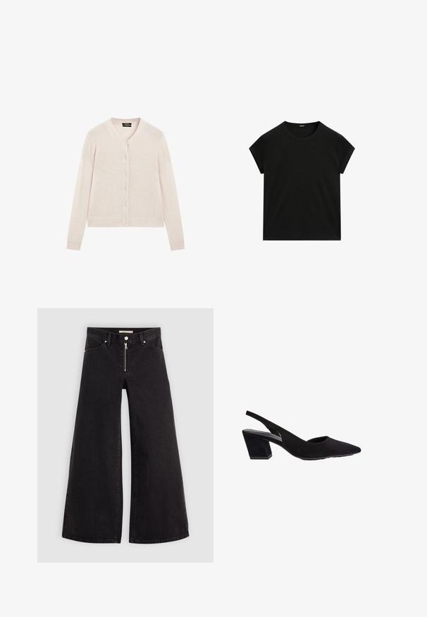 Jasno beżowy sweter dzianinowy z długimi rękawami, dekoltem w kształcie litery V, prążkowanymi mankietami i dołem oraz zapięciem na guziki z przodu.; Czarna, krótka koszulka z okrągłym dekoltem i prostym dołem, wyeksponowana na płasko na białym tle.; Jeans o szerokich nogawkach w czarnym denienie z zamkiem błyskawicznym z przodu, pięcioma kieszeniami i subtelnymi detalami przeszycia. Gładka tekstura i swobodny styl.; Czarne zamszowe szpilki z odkrytą piętą, o spiczastym nosku i średnim geometrycznym słupku. Gładka tekstura i minimalystyczny design.