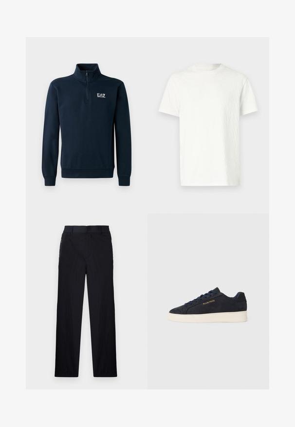 Tengerészkék pulóver, cipzáros gallérral, hosszú ujjakkal, bordázott mandzsettákkal és hímzett logóval a mellkason. Puha textúra.; Fehér, rövid ujjú póló enyhén texturált felülettel és kerek nyakkivágással. Nincsenek látható minták vagy fém részletek.; Fekete nadrág könnyű, textúrált anyagból, egyenes szárú kialakítással, rugalmas derékpánttal és oldalsó cipzáras zsebekkel.; Sötétkék velúr, alacsony szárú teniszcipő fehér talppal, sötétkék fűzőkkel és arany színű "Filling Pieces" logóval az oldalán.