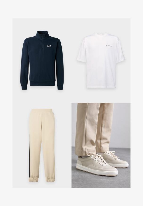 Pulover s kapuljačom u mornarsko plavoj boji s patentnim zatvaračem, dugim rukavima, rebrastim manžetama i izvezеним logotipom na prsima. Mekana tekstura.; Bijela kratka majica s kratkim rukavima od pamuka s V-izrezom, koja na lijevoj strani ima otisnuti crni logotip "FILLING PIECES".; Krem boje trenirke s crnim bočnim prugama, elastičnim pojasom i rebrastim manžetama. Mekani materijal s opuštenim krojem.; Bež tenisice s teksturiranom gornjom površinom, bijelim potplatima i šivenim detaljima, u kombinaciji s bež hlačama, prikazane na sivoj podlozi.