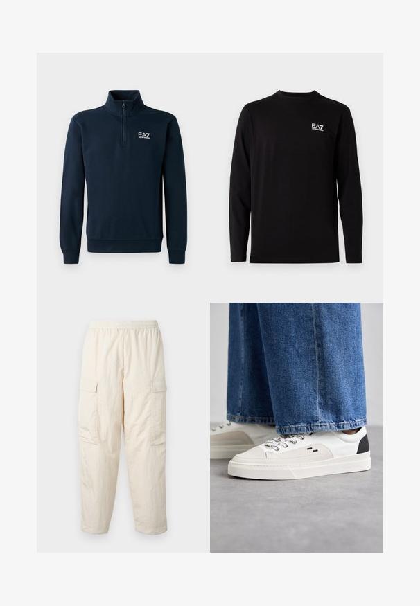 Granatowy sweter z długim rękawem i zamkiem przy kołnierzu, z prążkowanymi mankietami oraz wyszywanym logo na klatce piersiowej. Miękka tekstura.; Czarna koszula z długim rękawem, wykonana z miękkiego materiału. Posiada małe białe logo na lewej piersi. Prosty, okrągły dekolt i prosty krój.; Beżowe spodnie cargo z elastycznym pasem, wyposażone w dwie boczne kieszenie oraz miękki, lekki materiał. Zmarszczona tekstura.; Białe i czarne sneakersy z gładką skórzaną cholewką, teksturowanymi akcentami oraz masywną białą podeszwą. Posiadają klasyczny system sznurowania.