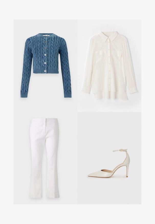 Niebieski sweter o krótkim kroju, dziany, z warkoczowym wzorem, okrągłym dekoltem i zapięciem na pięć guzików. Długie rękawy z ribbowymi mankietami i dołem.; Biała koszula zapinana na guziki wykonana z lekkiego materiału. Posiada klasyczny kołnierzyk, dwie kieszenie na piersiach oraz nieco dłuższy tylny brzeg.; Białe spódnice w stylu dzwonów wykonane z lekkiego materiału. Posiadają płaski przód z zamkiem błyskawicznym i gładką teksturę. Prosty i elegancki design.; Białe skórzane szpilki z ostrym noskiem, paskiem wokół kostki i cienką szpilkową obcasem. Gładka faktura z subtelnym połyskiem.
