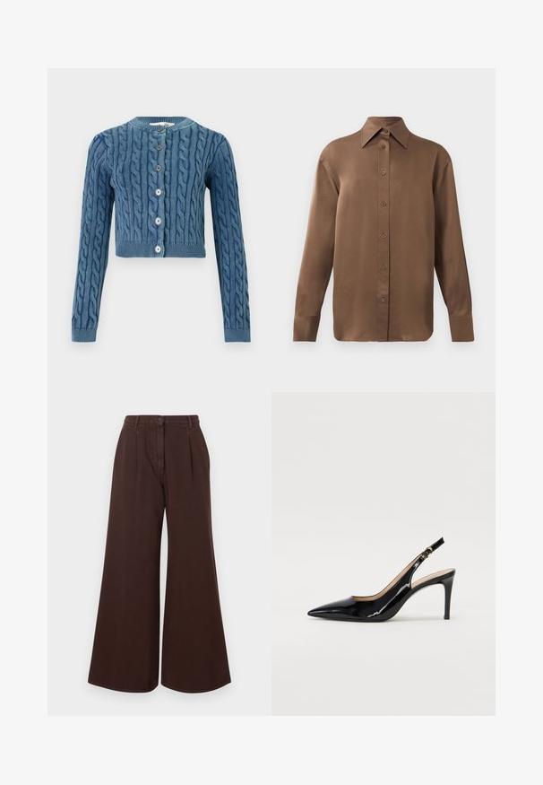 Cardigã cropped azul tricotado com padrão de cabos, decote redondo e fecho de botão de cinco peças. Mangas longas com punhos e barra canelados.; Camisa branca de mangas longas com botões e colarinho pontudo, exibida contra um fundo branco liso.; Calças largas de cintura alta, castanhas, com fecho de botão e zíper, passantes para cinto e pregas frontais.; Sandal com salto em verniz preto, bico fino, salto esguio e um design de recorte subtil. Apresenta uma fivela dourada na alça.