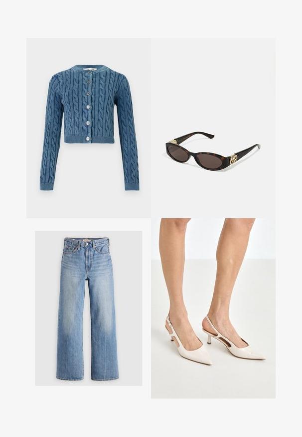 Virkattu sininen lyhyt kardigan, jossa on kaapelikuosis, pyöreä kaula-aukko ja viiden napin sulkeminen. Pitkät hihat ribattuja hihoja ja helmaa.; Valkoinen napiton kauluspaita, joka on valmistettu puuvillasta. Paidassa on rintatasku ja pieni brodeerattu logo. Irtonainen malli, klassinen kaulusk design ja pitkät hihat.; Vaaleansinisiä leveälahkeisia farkkuja, joissa on korkea vyötärö, haalistuneita kohtia, viisi taskua ja kontrastiväriset tikkaukset. Klassinen nappi- ja vetoketjusulku.; Beige patenttaja nahkaslingback-korkokengät, joissa on teräväkärkinen muotoilu ja 5 cm:n korko. Kenkäparissa on leikattuja reunoja ja ohut nilkkaremmi.; Silmärilakkiset tortoiseshell-aurinkolasit, joissa on pitkänomaiset ovaalit linssit, ruskea sävy, kultaiset logo-koristeet temppeleissä ja sulavalinjaiset mustat varret.