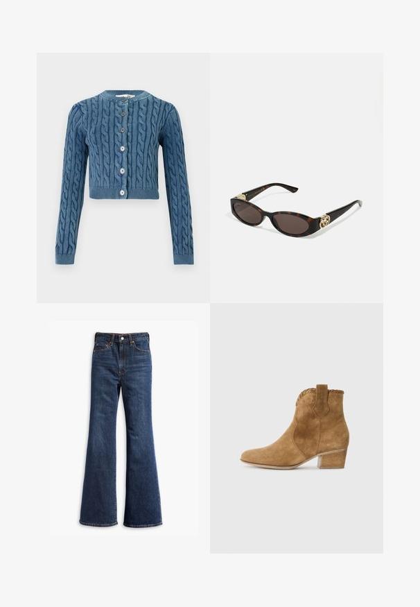 Pletený modrý skrátený kardigán s kabelovým vzorom, okrúhlym výstrihom a zapínaním na päť gombíkov. Dlhé rukávy s rebrovanými manžetami a lemom.; Biela košeľa s gombíkmi vyrobená z bavlny, ktorá má náprsné vrecko a malé vyšívané logo. Voľný strih s klasickým golierom a dlhými rukávmi.; Džíny z tmavomodrého denimu s vysokým pásom, rozšírenými nohavicami, predným zapínaním na gombík a zips a dizajnom s piatimi vreckami.; Hnedé semišové členkové topánky s špicatou špičkou, textúrovaným lemom na golieri a blokovým opätkom. Obsahuje aj pútko pre jednoduché obúvanie.; Slnkové okuliare v korytnačkovom dizajne s predĺženými oválnymi šošovkami, hnedým tónovaním, zlatými logovými akcentmi na spánkoch a elegantnými čiernymi ramenami.; Hnedá falošná zamšová taška na rameno s dvoma pevnýmuch rukoväťami, štruktúrovaným tvarom a minimalistickým dizajnom, s jemnými akcentmi prešitia.