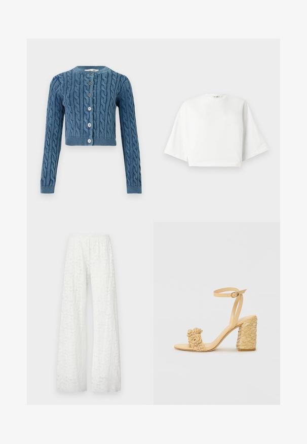 Pletený modrý skrátený kardigán s kabelovým vzorom, okrúhlym výstrihom a zapínaním na päť gombíkov. Dlhé rukávy s rebrovanými manžetami a lemom.; Biely skrátený tričko s voľným strihom, krátkymi širokými rukávmi, okrúhlym výstrihom a bočnými rozparkami, vyrobené z mäkkej bavlny.; Biele nohavice s širokými nohavicami a elastickým pásom, so štruktúrovaným, kvetinovým čipkovým vzorom po celom látkovom povrchu.; Béžové sandále na vysokom podpätku s opletenou textúrou, ozdobené kvetinou a popruhom na členku. Štvorcová päta zvyšuje stabilitu.