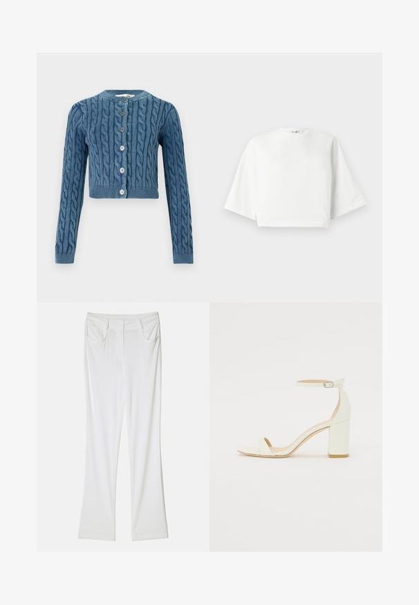 Pleteni modri skrajšani kardigan s kabelskim vzorcem, okroglo dekolte in zapiranje na pet gumbov. Dolgi rokavi z rebrastimi manšetami in robom.; Bela skrajšana majica s sproščenim krojem, kratkimi širokimi rokavi, okroglim izrezom in stranskimi razporki, izdelana iz mehkega bombažnega materiala.; Bela široka hlače iz gladkega tkanja z dvema sprednjima žepoma in šivanim pasom za prilagojen videz.; Bela usnjena sandala z blok peto, ki ima zanko okoli gležnja s sponko in minimalističen dizajn. Odkrit prst in gladke teksture po vsej površini.