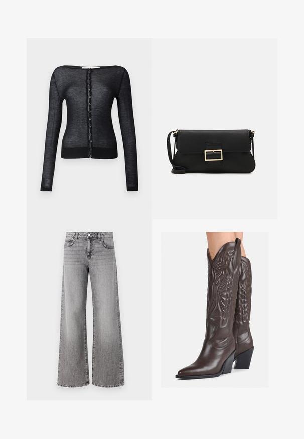 Black long-sleeve cardigan made from lightweight, sheer fabric. Features a crew neck and a row of circular buttons down the front.; White sleeveless tank top made of ribbed fabric, featuring a rounded neckline and a fitted silhouette, with minimal seams and no embellishments.; Wide-leg jeans made of grey denim with a faded finish. Features classic pockets and a button closure at the waist.; Brown leather cowboy boots with pointed toe and block heel, featuring detailed stitching and raised accents on the shaft.; Black leather clutch bag with a flap and a gold metal buckle detail. Includes a black strap and a sleek, minimalist design.; Silver hoop earrings with a twisted design, featuring a polished finish and post-back closure. Measure approximately 3 cm in diameter.