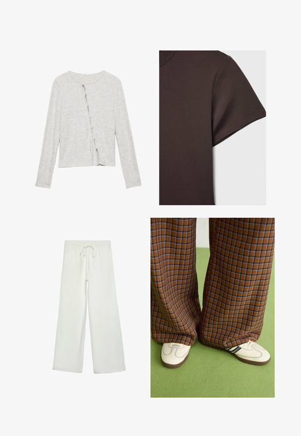 Hellgrauer Langarm-Cardigan aus weichem Stoff, mit Rundhalsausschnitt und einer Frontknopfleiste mit schlanken Knöpfen.; Dunkelbraunes Kurzarm-T-Shirt aus glattem, dehnbarem Material, mit klassischem Rundhalsausschnitt und sauberen Nähdetails.; Weiße, weit geschnittene Hose aus weichem Stoff. Mit einem elastischen Bund und einem Kordelzug sowie einer glatten Oberfläche. Keine sichtbaren Muster oder Hardware.; Braun und blaue Karohosen mit weitem Bein, kombiniert mit weißen Schuhen mit schwarzen Akzenten und strukturierten Sohlen, vor einem grünen Hintergrund.