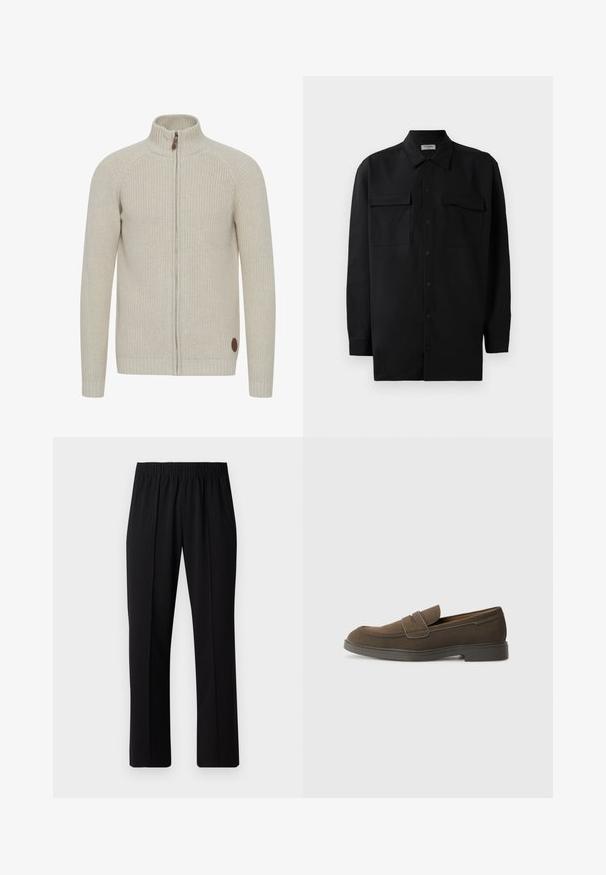 Light beige knitted zip-up sweater with a high collar, ribbed cuffs, and a round brown logo patch on the bottom left.; Black button-up shirt made of smooth fabric, featuring a classic collar, two front pockets, and long sleeves with button cuffs.; Black, elastic-waist trousers with a straight-leg design, featuring a smooth texture and no visible patterns or hardware.; Brown suede loafer with a rounded toe, a strap across the vamp, and a flat rubber sole. Simple design with clean lines and minimal detailing.