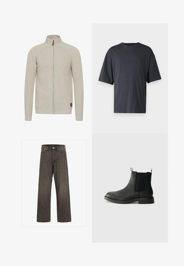 Šviesiai beige megztinis su užtrauktuku, aukštu apykaklės kraštu, raštuotais rankogaliais ir apvaliu rudu logotipo emblemą kairėje apačioje.; Tamsiai pilkas trumpas rankovėmis marškinėliai, pagaminti iš lengvos medvilnės, su laisvu kirpimu ir klasikinės apvalios iškirptės dizainu, be raštų ir su vientisu paviršiumi.; Plati kojinės džinsai tamsiai pilkos spalvos džinsinio audinio, su aukštu liemeniu, klasikinio penkių kišenių dizainu ir kontrastinga siuvimo linija siūlėse.; Juodos odinės Chelsea botai su elastingais šonų įdėklais, traukimo kilpomis, suapvalintu pirštu ir tekstūruotu guminio pado paviršiumi. Lygus paviršius ir tvirtas dizainas.
