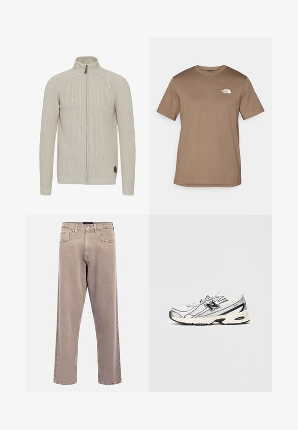 Svijetlosmeđi pleteni džemper sa zatvaračem i visokim ovratnikom, rebrastim manžetama i okruglim smeškim logom pri dnu s lijeve strane.; Smeđa kratka majica s kratkim rukavima od pamuka s rebrastim ovratnikom. Ima mali bijeli logo na lijevoj strani prsnog područja.; Svetlo bež traperice ravnog kroja s lagano izblijedjelom teksturom, dizajnom s pet džepova i zatvaračem na metalni gumb. Istaknuti detalji šavova.; Bijeli i sivi atletski tenisice s crnim "N" LOGO-om, mrežasta gornjište, podloga s amortizacijom i dizajn s čipkastom vezom, prikazano na jednostavnom svijetlosivom pozadini.