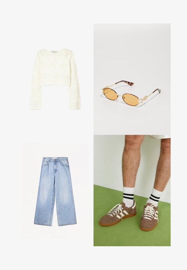 Witte cropped cardigan met een lichte gebreide textuur en een geometrisch patroon, v-hals en knoopsluiting aan de voorkant.; Witte katoenen tanktop met een ronde halslijn, zonder mouwen en een getailleerde vorm. Soepele textuur, eenvoudig ontwerp en minimale stikdetails.; Bershka WIDE-LEG - Wide leg - light-blue denim; Bruine suède sneakers met witte accenten en veters. Rubberen gumzool. Draag met witte sokken met zwarte strepen. Groene gestructureerde vloer.; Ovale zonnebrillen met een gouden metalen frame, oranje lenzen en armen met schildpadpatroon. Een gladde textuur en opvallende schakel-link details.