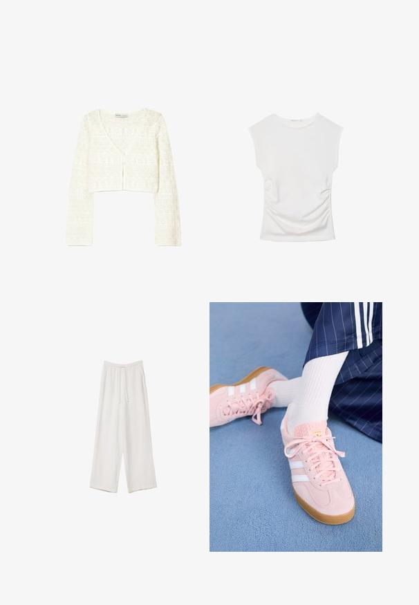 Biała krótka kardigana z lekkim splotem dzianinowym o geometrycznym wzorze, dekoltem w serek i zapięciem na guziki z przodu.; Biały bezrękawnik z okrągłym dekoltem i delikatnym marszczeniem po bokach, ułożony płasko na białym tle.; Białe spodnie o szerokich nogawkach wykonane z lekkiego materiału. Posiadają elastyczny pas z sznurkiem i boczne kieszenie. Gładka tekstura.; Jasnoróżowe zamszowe sneakersy z białymi paskami i sznurówkami, z teksturowanym językiem i gumową podeszwą, umieszczone na niebieskim dywaniku.