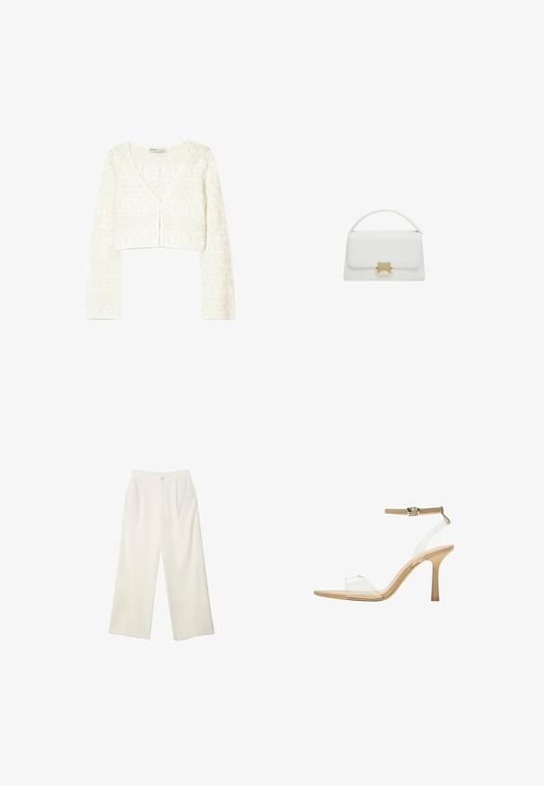 Cardigan corto bianco con una trama a maglia leggera e un motivo geometrico, scollatura a V e chiusura con bottoni sul davanti.; Body bianco con scollatura quadrata, design senza maniche, texture liscia e chiusura a pressione sul fondo. Stile semplice e minimalista.; Pantaloni a gamba larga in tessuto crema con una texture liscia, caratterizzati da un singolo bottone frontale, pieghe sottili e un design a vita alta.; Sandal con tacco trasparente e parte superiore trasparente, plantare beige e una sottile cinghia alla caviglia. Presenta una punta appuntita e un tacco alto e sottile.; Borsa a tracolla bianca in pelle con design strutturato, dotata di manico superiore e chiusura in metallo dorato. Texture liscia e accenti minimalisti.