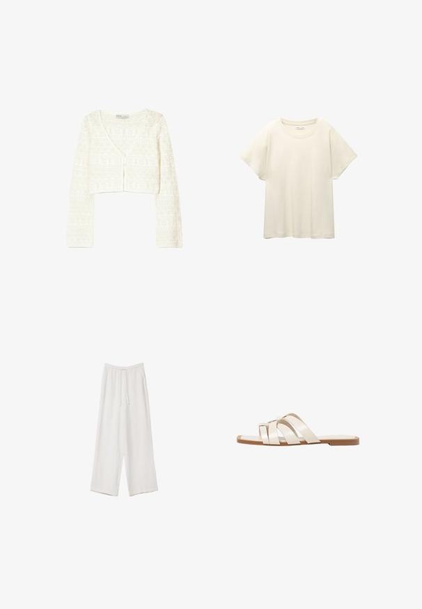 Cardigan cropped blanc avec une texture en tricot léger, un motif géométrique, un décolleté en V et une fermeture à boutons sur le devant.; T-shirt beige clair à manches courtes avec un col rond, fabriqué en tissu doux et lisse. Présente une coupe décontractée et un ourlet droit.; Pantalons larges blancs en tissu léger. Dotés d'une taille élastique avec cordon de serrage et de poches latérales. Texture lisse.; Sandales plates avec une semelle en caoutchouc beige, conçues avec trois brides en cuir blanc se chevauchant et un petit nœud au centre.