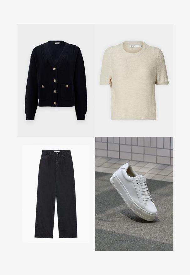 Navy ribbed cardigan with a V-neck, featuring six gold buttons and two front pockets. Soft texture and fitted cuffs complete the design.; Beige short-sleeve knitted sweater with a crew neck, featuring a textured pattern and a relaxed fit. Made of lightweight fabric.; Black high-waist wide-leg denim jeans with front button and zip closure, belt loops, and five-pocket styling.; White leather sneaker with a low-top design, flat laces, rounded toe, and textured sides. Thick rubber sole with subtle accents.