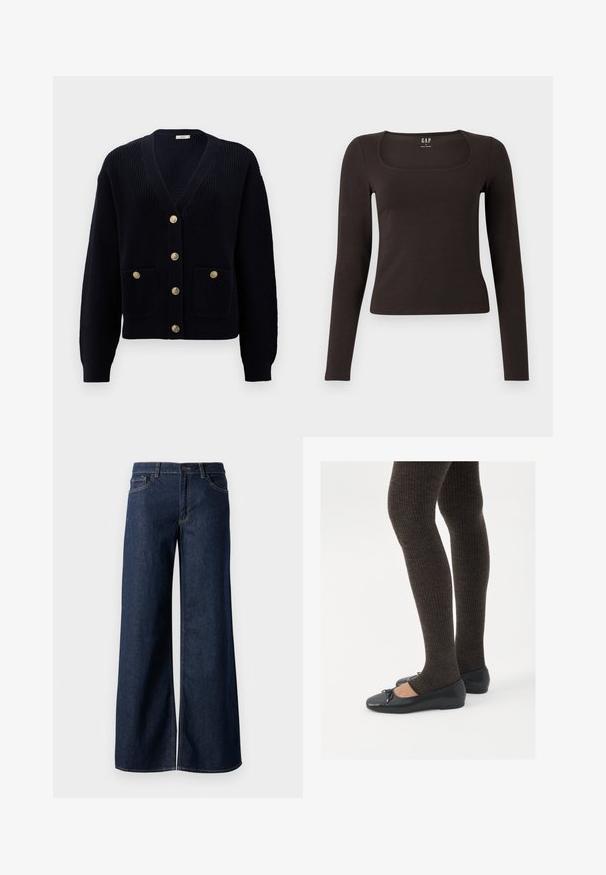 Tengerészkék bordás kardigán V nyakkal, hat arany gombbal és két elülső zsebbel. Puha textúrája és illeszkedő mandzsettái teszik teljessé a kialakítást.; Fekete, hosszú ujjú, elasztikus felső négyzet alakú dekoltázzsal, GAP felirattal, fehér háttér előtt bemutatva.; Sötét kék farmer széles lábú nadrág. Kontrasztos varrással, öt zsebhálóval és gombos derékzárással rendelkezik. Simás textúra.; Fekete lapos cipők kis masni díszítéssel az orrán, sötétbarna bordázott harisnyával párosítva. A cipők sima textúrával és alacsony profilúak.